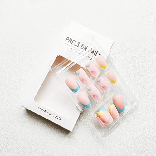 French Tip Press on Nails Square Fake Nails Medium False Nails with Colorful Flower Design Spring Summer Cute Floral Acrylic Nails Full Cover Glossy Artificial Nails Stick on Nails for Women 24Pcs