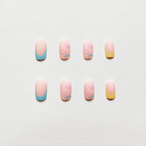 French Tip Press on Nails Square Fake Nails Medium False Nails with Colorful Flower Design Spring Summer Cute Floral Acrylic Nails Full Cover Glossy Artificial Nails Stick on Nails for Women 24Pcs