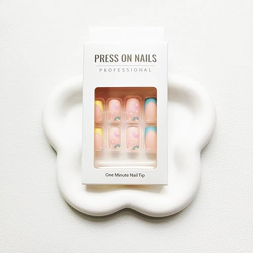 French Tip Press on Nails Square Fake Nails Medium False Nails with Colorful Flower Design Spring Summer Cute Floral Acrylic Nails Full Cover Glossy Artificial Nails Stick on Nails for Women 24Pcs