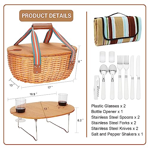 Picnic Basket for 2 with Blanket - Wicker Picnic Basket with Table | Willow Picnic Set for 2 Person with Large Insulated Cooler | Wicker Hamper with Cutlery Service Kit | Gift Basket for Christmas