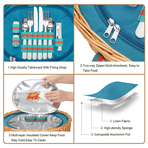 Picnic Basket for 2 with Blanket - Wicker Picnic Basket with Table | Willow Picnic Set for 2 Person with Large Insulated Cooler | Wicker Hamper with Cutlery Service Kit | Gift Basket for Christmas