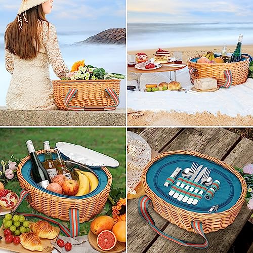 Picnic Basket for 2 with Blanket - Wicker Picnic Basket with Table | Willow Picnic Set for 2 Person with Large Insulated Cooler | Wicker Hamper with Cutlery Service Kit | Gift Basket for Christmas