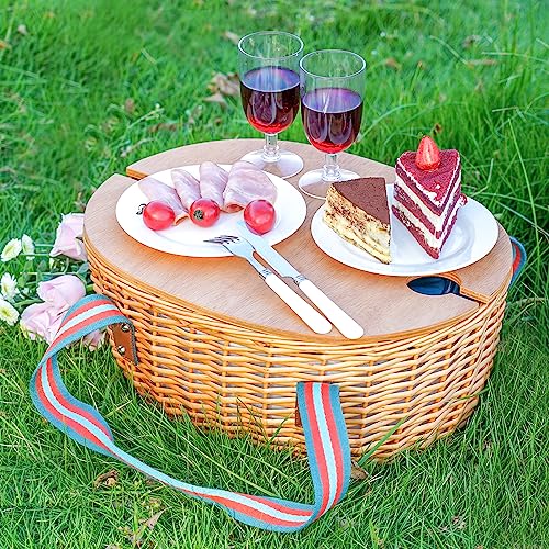 Picnic Basket for 2 with Blanket - Wicker Picnic Basket with Table | Willow Picnic Set for 2 Person with Large Insulated Cooler | Wicker Hamper with Cutlery Service Kit | Gift Basket for Christmas