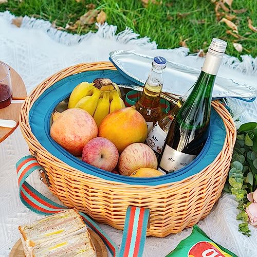 Picnic Basket for 2 with Blanket - Wicker Picnic Basket with Table | Willow Picnic Set for 2 Person with Large Insulated Cooler | Wicker Hamper with Cutlery Service Kit | Gift Basket for Christmas