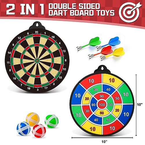 2 in 1 Magnetic Dart Board, Kids Double-Sided Dart Board with 12 Magnetic Darts and 12 Sticky Balls, Indoor Travel Outdoor Party Games Toys Gifts for 5 6 7 8 9 10 11 12 Year Old Boys Kids and Adult