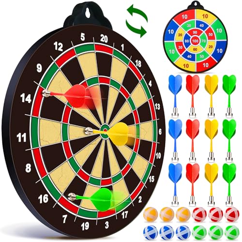 2 in 1 Magnetic Dart Board, Kids Double-Sided Dart Board with 12 Magnetic Darts and 12 Sticky Balls, Indoor Travel Outdoor Party Games Toys Gifts for 5 6 7 8 9 10 11 12 Year Old Boys Kids and Adult