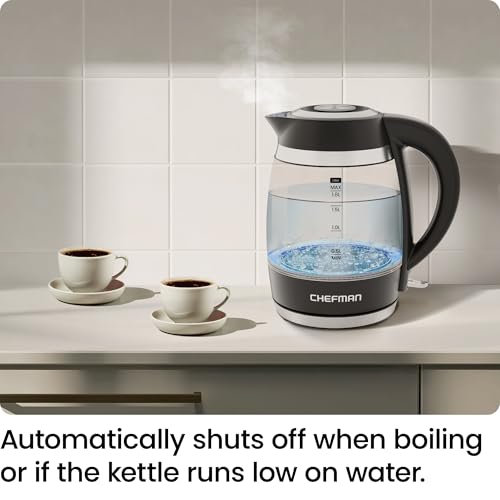 Chefman Electric Kettle, 1.8L 1500W, Hot Water Boiler, Removable Lid for Easy Cleaning, Auto Shut Off, Boil-Dry Protection, Stainless Steel Filter, BPA Free, Borosilicate Glass Electric Tea Kettle