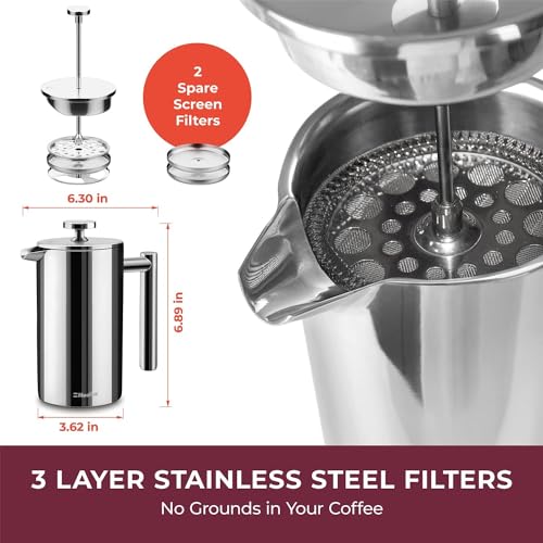 MuellerLiving French Press Coffee Maker 20oz, Stainless Steel French Press Coffee, 4 Filter Heat Resistant Double Insulated, Rust-Free, Food Grade, Dishwasher Safe Coffee Pot