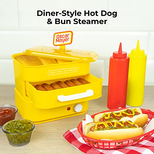 Nostalgia Oscar Mayer Diner-Style Hot Dog Steamer and Bun Warmer, 8 Hot Dog and 4 Bun Capacity, Steam Bratwursts, Sausages, Vegetables, Fish, Dumplings, Yellow