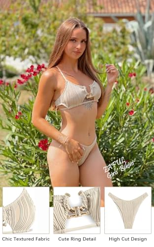 ZAFUL Women's Cutout Bikini Criss Cross Textured Metal High Leg Bikini Sets Cheeky Bikini Two Piece Swimsuit