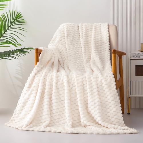 Exclusivo Mezcla Extra Large Soft Fleece Throw Blanket, 50x70 Inches 3D Clouds Stylish Jacquard Throw Blanket for Couch, Cozy Soft Lightweight for All Season, Ivory Blanket