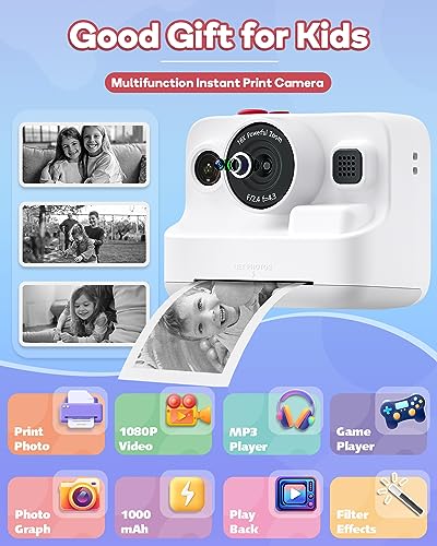 Dylanto Instant Print Camera for Kids,2.4 Inch Screen Kids Instant Cameras, Christmas Birthday Gifts for Girls Age 3-12, Portable Toddler Toy for 3 4 5 6 7 8 9 10 Year Old Girls Boys White