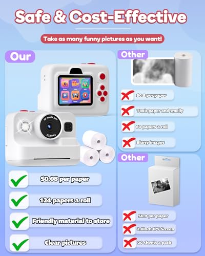 Dylanto Instant Print Camera for Kids,2.4 Inch Screen Kids Instant Cameras, Christmas Birthday Gifts for Girls Age 3-12, Portable Toddler Toy for 3 4 5 6 7 8 9 10 Year Old Girls Boys White