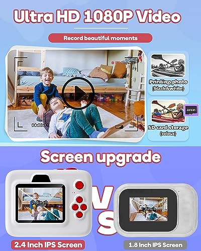 Dylanto Instant Print Camera for Kids,2.4 Inch Screen Kids Instant Cameras, Christmas Birthday Gifts for Girls Age 3-12, Portable Toddler Toy for 3 4 5 6 7 8 9 10 Year Old Girls Boys White