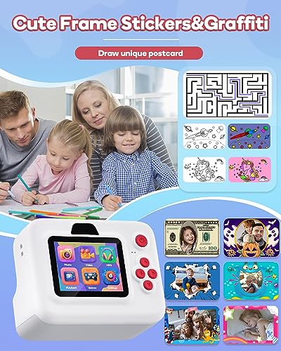 Dylanto Instant Print Camera for Kids,2.4 Inch Screen Kids Instant Cameras, Christmas Birthday Gifts for Girls Age 3-12, Portable Toddler Toy for 3 4 5 6 7 8 9 10 Year Old Girls Boys White