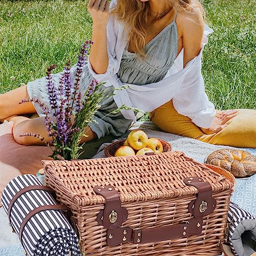 Picnic Basket with Blanket and Wine Pouch for 2 Wicker Picnic Set with Insulated Liner Cooler Bag Hamper for Camping,Wedding,Valentine Day,Gift - Reinforced Handle, Stripes