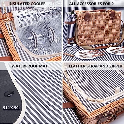 Picnic Basket with Blanket and Wine Pouch for 2 Wicker Picnic Set with Insulated Liner Cooler Bag Hamper for Camping,Wedding,Valentine Day,Gift - Reinforced Handle, Stripes