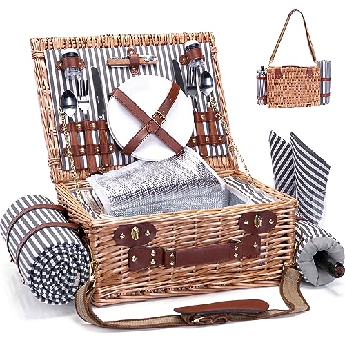 Picnic Basket with Blanket and Wine Pouch for 2 Wicker Picnic Set with Insulated Liner Cooler Bag Hamper for Camping,Wedding,Valentine Day,Gift - Reinforced Handle, Stripes