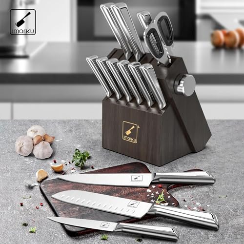 Knife Sets for Kitchen with Block imarku Japanese Knife Set Stainless Steel Kitchen with Block 14pcs, Built-in Sharpener, Sharp Knife Block Set with Non-slip Ergonomic Handles - Dishwasher Safe