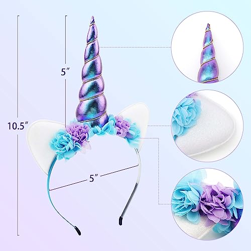 YanJie Unicorn Headband for Girls Shiny Blue Horn Headband Ears Flower Headband Cosplay Costume Accessory Unicorn Horn Headwear for Girls Rave Costume