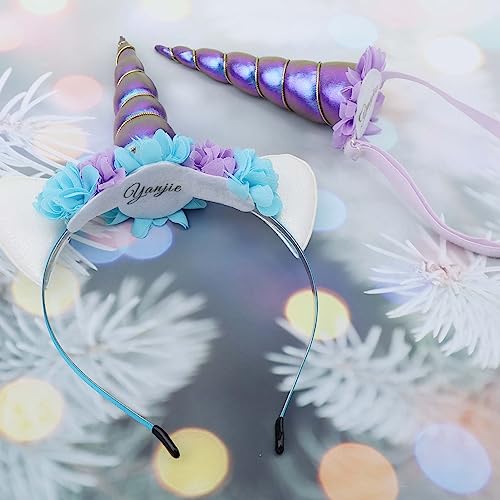 YanJie Unicorn Headband for Girls Shiny Blue Horn Headband Ears Flower Headband Cosplay Costume Accessory Unicorn Horn Headwear for Girls Rave Costume