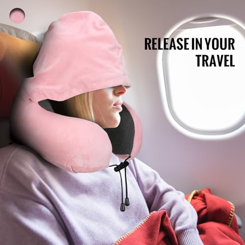 Cirorld Travel Pillow, Neck Pillow for Travel with Hood for Airplane, Velvet Memory Foam Neck Pillow Women Lady Head & Neck Support, for Long Flights Plane, Office, Cars Sleeping & Rest (Pink)