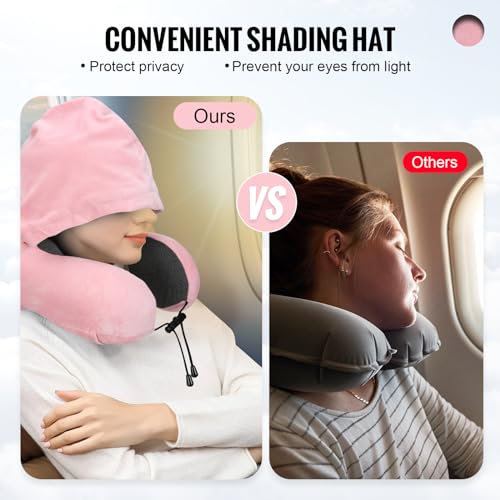 Cirorld Travel Pillow, Neck Pillow for Travel with Hood for Airplane, Velvet Memory Foam Neck Pillow Women Lady Head & Neck Support, for Long Flights Plane, Office, Cars Sleeping & Rest (Pink)