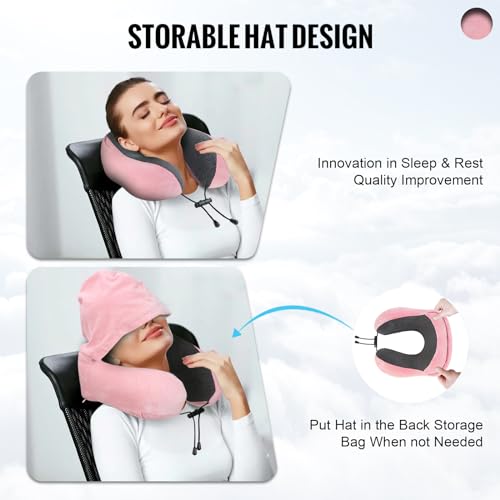 Cirorld Travel Pillow, Neck Pillow for Travel with Hood for Airplane, Velvet Memory Foam Neck Pillow Women Lady Head & Neck Support, for Long Flights Plane, Office, Cars Sleeping & Rest (Pink)