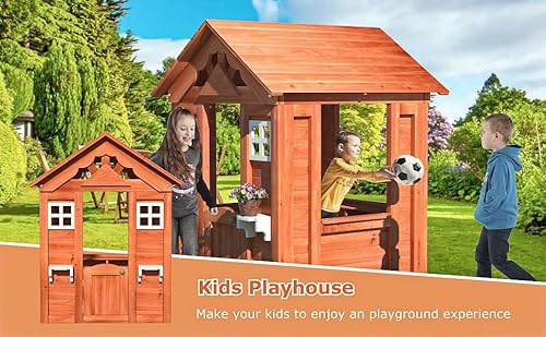 Outdoor Playhouse for Age 3-6 Years Boy Girl, Wooden Cottage Playhouse with Window & Flowerpot Holder, Play House for Outdoor Garden, Lawn, Patio, Yard.