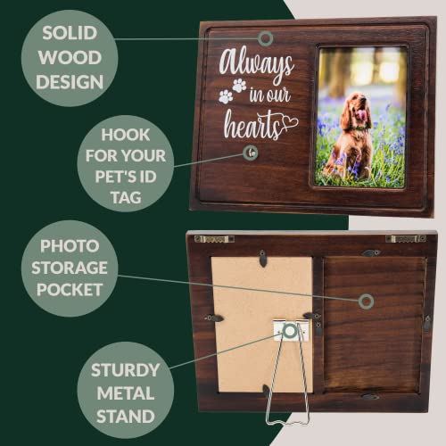 Memory Grove Pet Memorial Picture Frame - 4 x 6 Dog Photo Keepsake with ID Tag Display - Wood Frame with Metal Stand and Photo Storage - Rainbow Bridge Pet Memorial Gifts for Loss of Dog or Cat