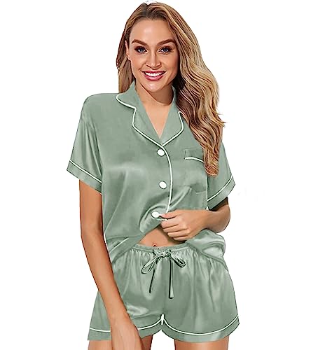 WJing Yi Jia Womens Pajama Sets XS-4XL Silk Satin Pajamas Set Floral 2Pcs Pj Sets Button Down Pjs Set Sleepwear Loungewear