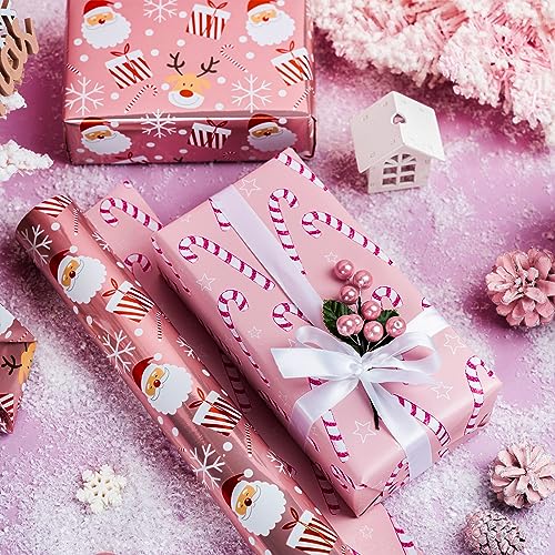 LeZakaa Reversible Christmas Wrapping Paper Roll - Metallic Foil with Santa Claus & Candy Cane in Pink - 17 inches x 32.8 Feet (46.45 sq.ft.)