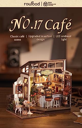 Rowood Miniature House Kit,Tiny House Kits to Build to Live in,DIY Wooden Crafts for Adults,Mini Model Kits with LED,Birthday for Teens(NO.17 Cafe)