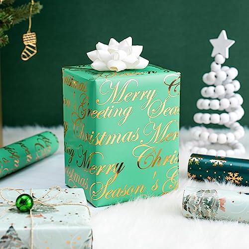 WRAPAHOLIC Reversible Christmas Wrapping Paper - Mini Roll - 17 Inch X 33 Feet - Watercolor Green Christmas Tree and Merry Christmas with Metallic Foil Shine for Holiday, Party, Celebration