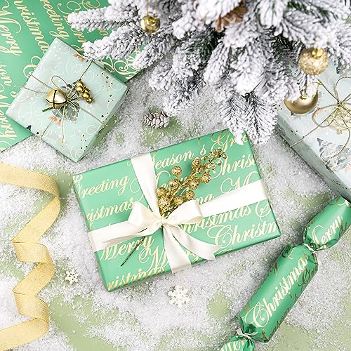 WRAPAHOLIC Reversible Christmas Wrapping Paper - Mini Roll - 17 Inch X 33 Feet - Watercolor Green Christmas Tree and Merry Christmas with Metallic Foil Shine for Holiday, Party, Celebration