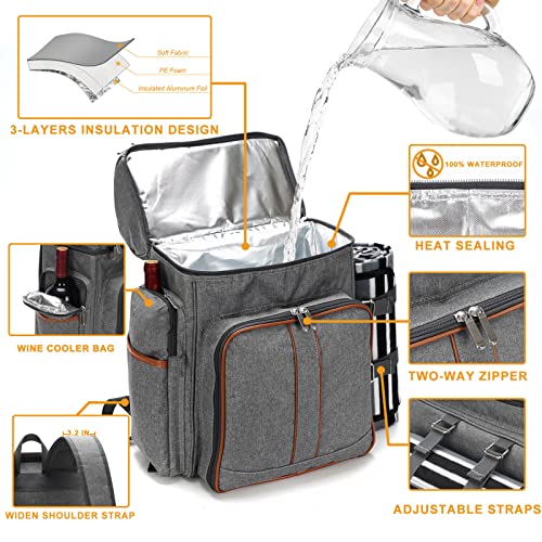 Picnic Backpack for 4, Picnic Basket Set, Leakproof Picnic Bag, Beach Cooler Backpack with Insulated Cooler Wine Pouch,Picnic Blanket, Double Deck Picnic Backpack for Beach,Camping,Park(Grey)