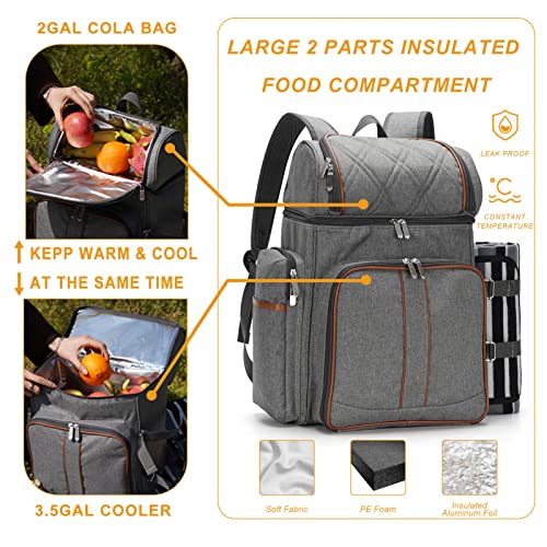 Picnic Backpack for 4, Picnic Basket Set, Leakproof Picnic Bag, Beach Cooler Backpack with Insulated Cooler Wine Pouch,Picnic Blanket, Double Deck Picnic Backpack for Beach,Camping,Park(Grey)