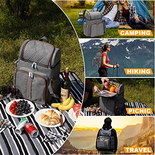 Picnic Backpack for 4, Picnic Basket Set, Leakproof Picnic Bag, Beach Cooler Backpack with Insulated Cooler Wine Pouch,Picnic Blanket, Double Deck Picnic Backpack for Beach,Camping,Park(Grey)