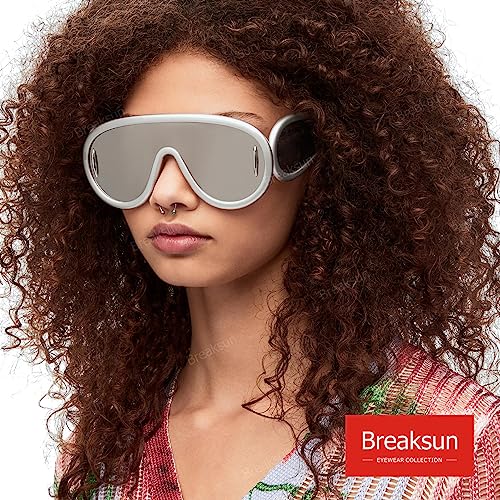 Fashion Wave Mask Sunglasses for Women Men Oversized Silver Mirrored Futuristic Shield Sun Glasses Designer Style