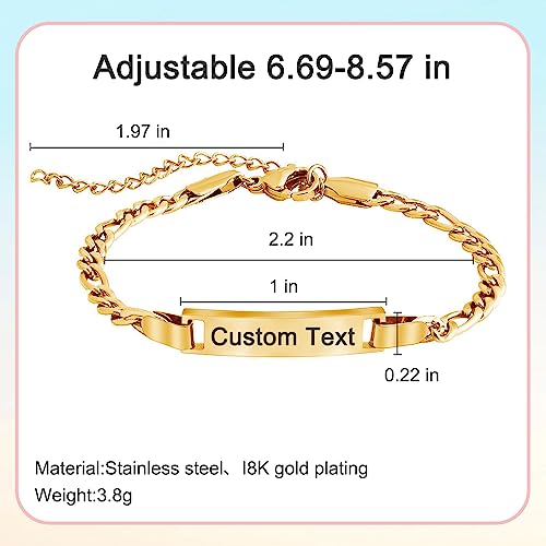 Custom Name Bar ID Bracelets, Personalized 18k Gold Plated Engrave Charm Bracelet with Name Birthstone,Customized Birthday Christmas Mother's Day Gifts for Women Girls Mom-Adjustable Length