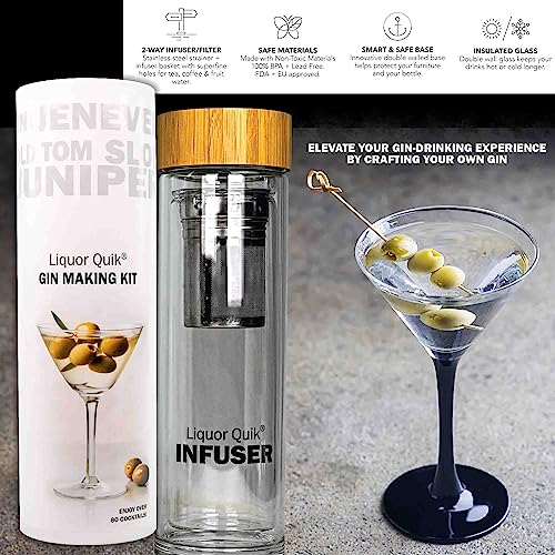 Liquor Quik Gin Infusion Kit - Complete DIY Gin Making Kit Complete w/ 450ml Glass Infuser Vessel & 3 Craft Infusing Flavor Packets - Alcohol Gifts for Him, Mixology Cocktail Bar Accessories