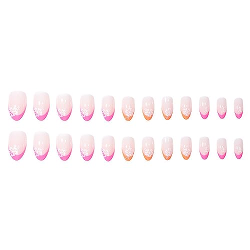 Press on Nails Almond False Nails Full Cover with Flower Designs Acrylic Nails Short French Tip Sticks on Nails for Women Girls Nails Supplies Decorations 24pcs