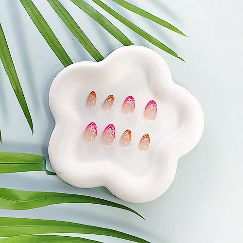 Press on Nails Almond False Nails Full Cover with Flower Designs Acrylic Nails Short French Tip Sticks on Nails for Women Girls Nails Supplies Decorations 24pcs