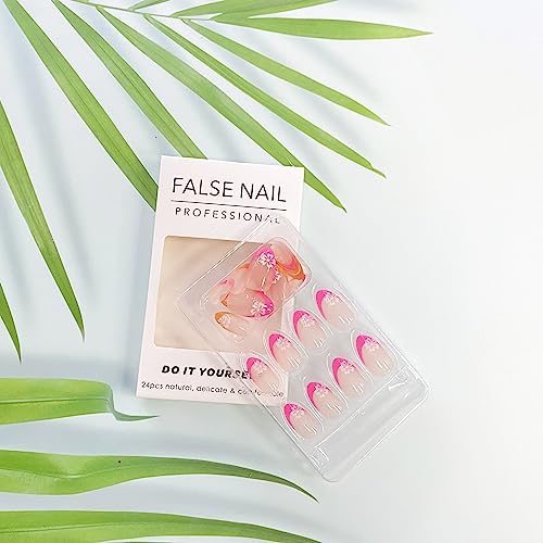 Press on Nails Almond False Nails Full Cover with Flower Designs Acrylic Nails Short French Tip Sticks on Nails for Women Girls Nails Supplies Decorations 24pcs