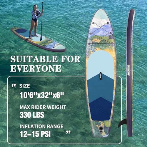 Inflatable Paddle Board, 10‘6“ Stand UP Paddle Board for Adult with SUP Accessories, Wide Stance for All Levels, Traveling Board, Sup Board,10L Waterproof Bag, Double Action Pump