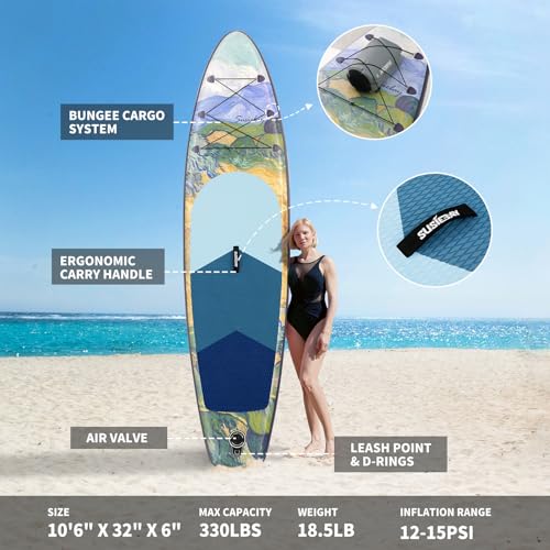 Inflatable Paddle Board, 10‘6“ Stand UP Paddle Board for Adult with SUP Accessories, Wide Stance for All Levels, Traveling Board, Sup Board,10L Waterproof Bag, Double Action Pump