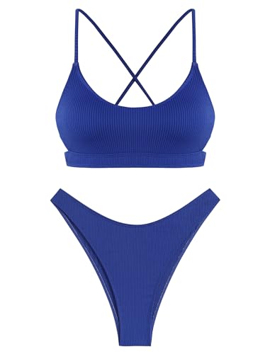 ZAFUL Women's Cutout Bikini Sets Scoop Neck Back Criss Cross Tie Ribbed High Cut Bikini Swimsuit Two Piece Bathing Suits