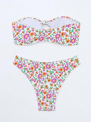 MakeMeChic Women's 2 Piece Bandeau Swimsuit Floral Cut Out Bikini Set Strapless Bathing Suits