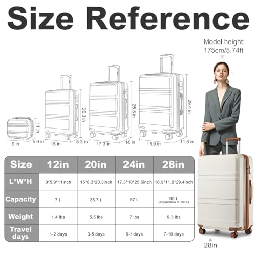 Kono 4 Piece Luggage Sets Expandable(only 28") Lightweight with Spinner Wheels TSA Lock Hardside Travel Rolling Suitcases 20in 24in 28in Carry on and 12in Mini Cosmetic Case Cream White