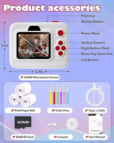 Kids Camera Instant Print, MEETRYE Instant Print Camera for Kids 4-14 Year Old, Christmas Birthday Gifts Digital Camera Toy for 5 6 7 8 9 10 Year Old Girls Boys Toddlers